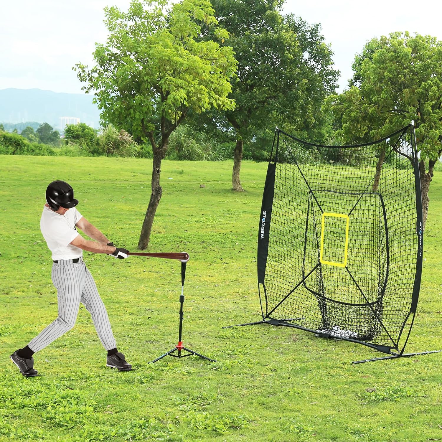 Storgem Baseball and Softball Practice Net 7×7ft Portable Hitting Pitching Batting Training Net Baseball Backstop Net with Batting Tee and Strike Zone and Bow Frame